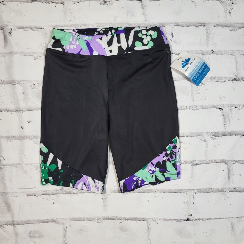AQUABELLE Purple Black Floral Long Line High Waist Swim Shorts Size 10 NWT